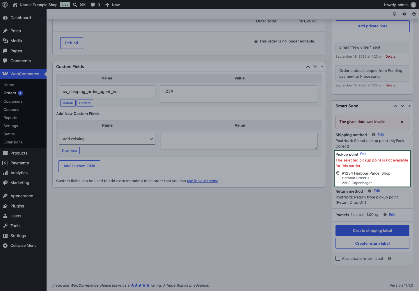 Booking validation message next to the pickup point field in the Smart Send order panel