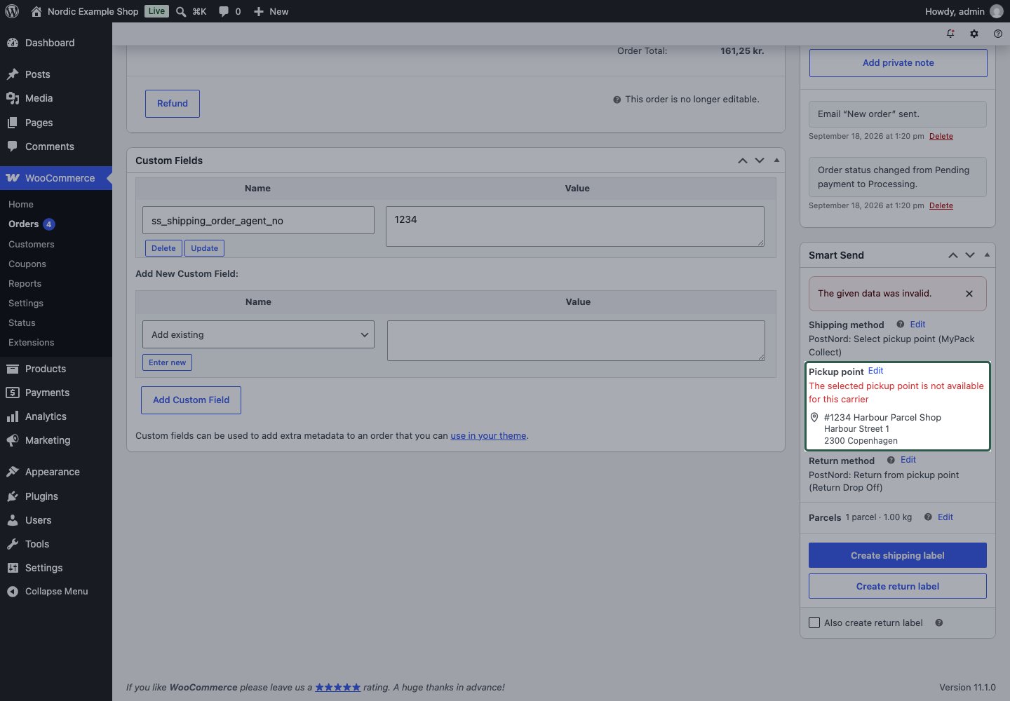 Booking validation message next to the pickup point field in the Smart Send order panel