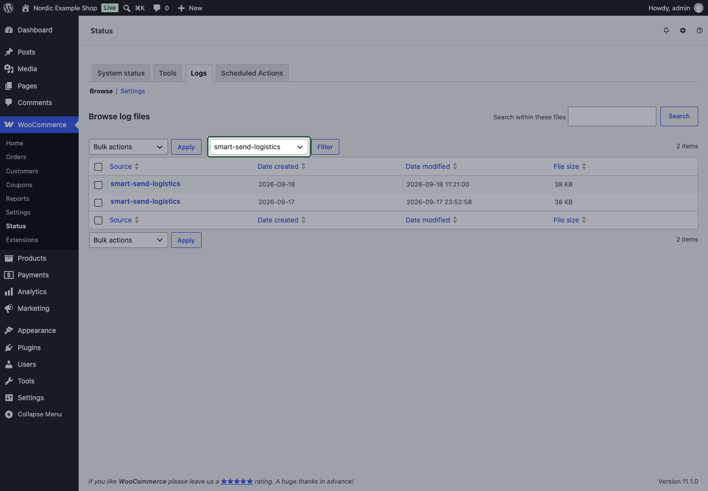 WooCommerce Logs filtered to the smart-send-logistics source