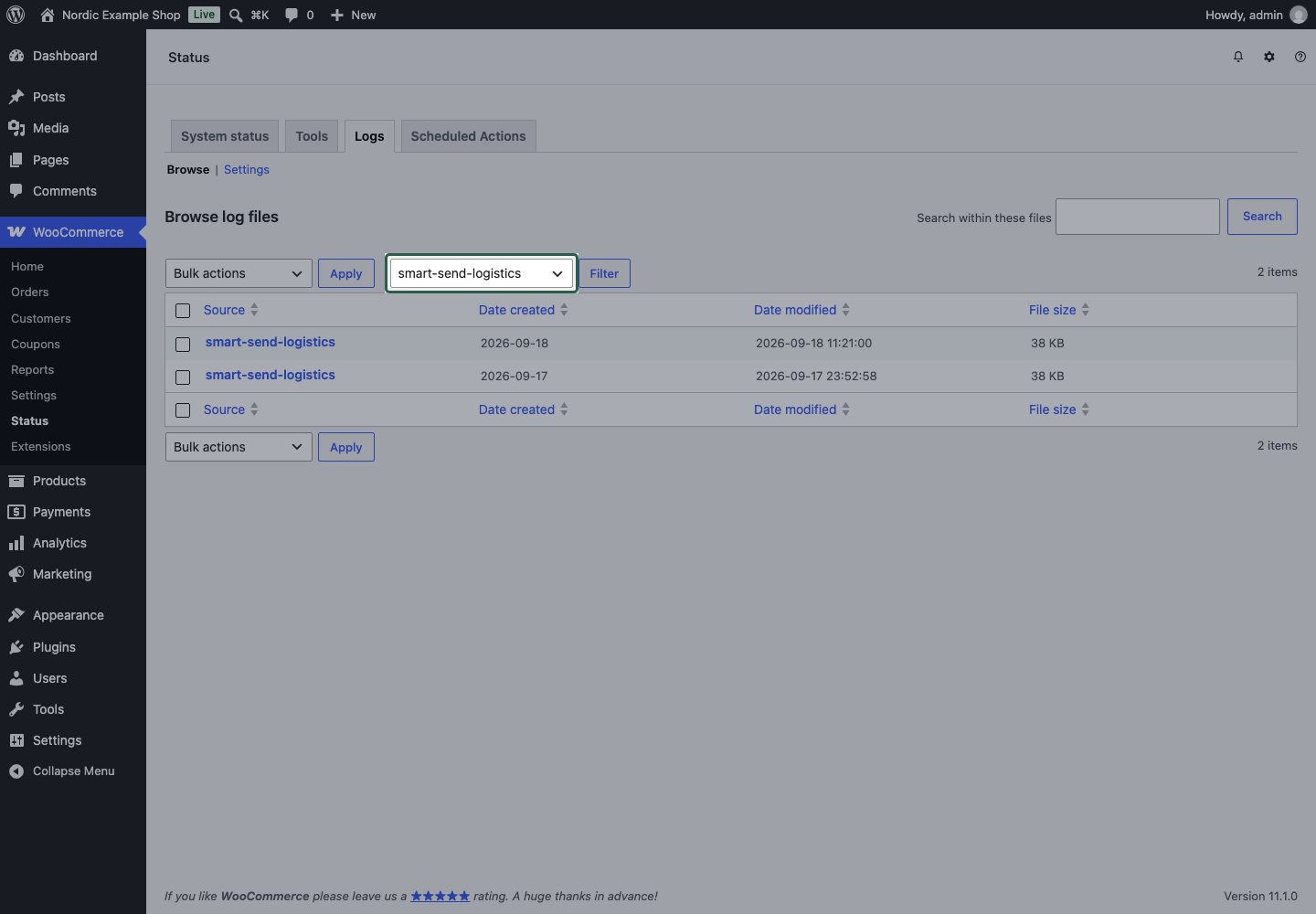 WooCommerce Logs filtered to the smart-send-logistics source