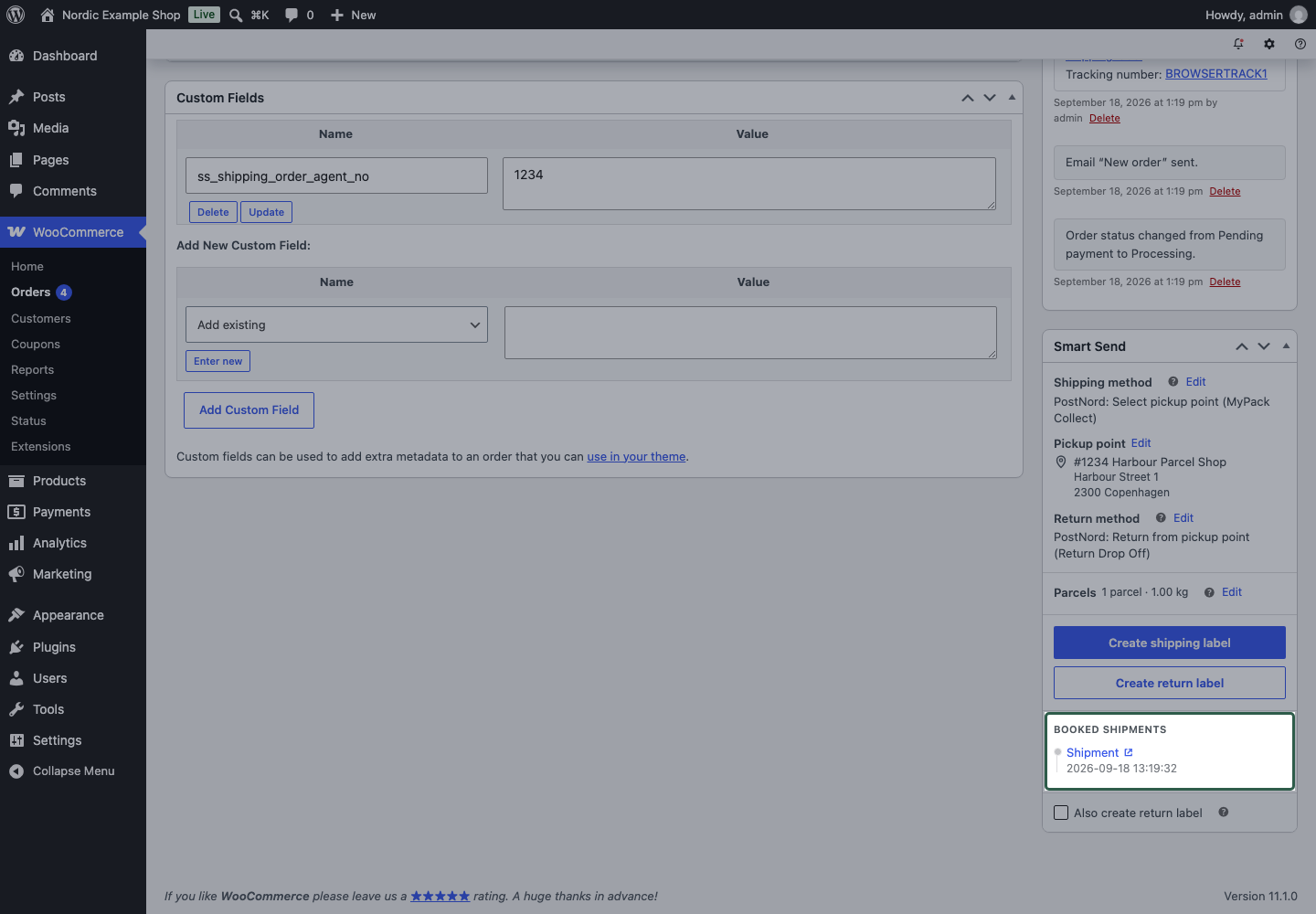 Booked shipments history in the Smart Send order panel