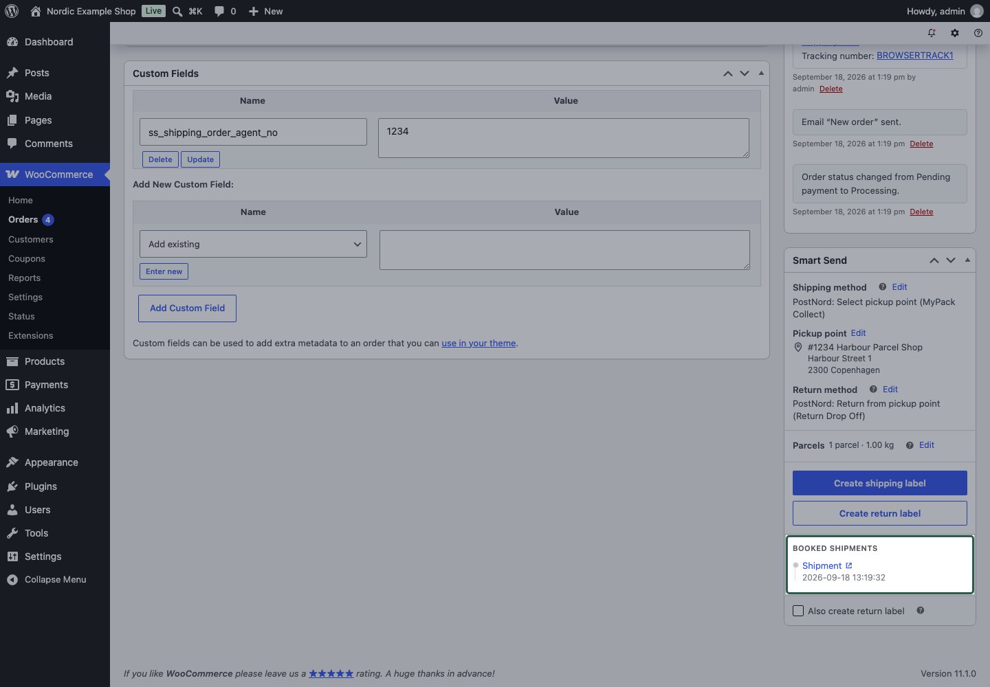 Booked shipments history in the Smart Send order panel