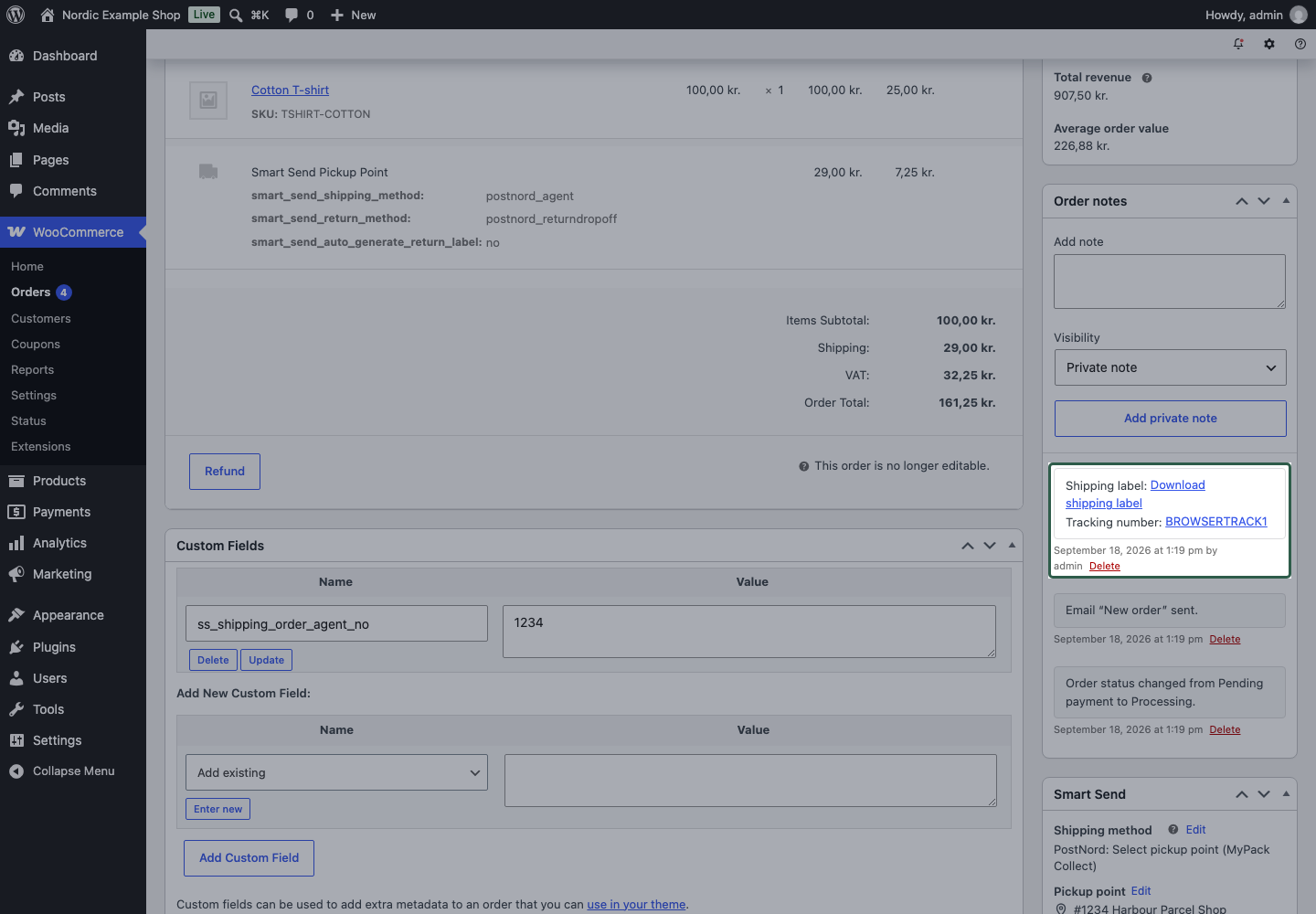 Native WooCommerce Order notes with a booking note and document and tracking links after reload