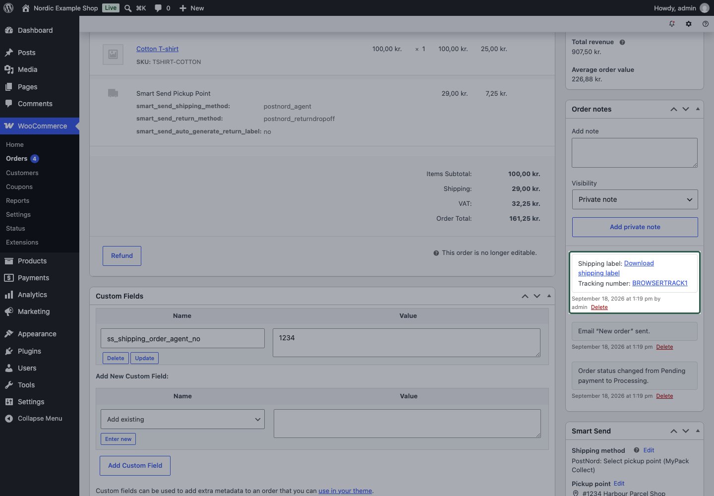 Native WooCommerce Order notes with a booking note and document and tracking links after reload