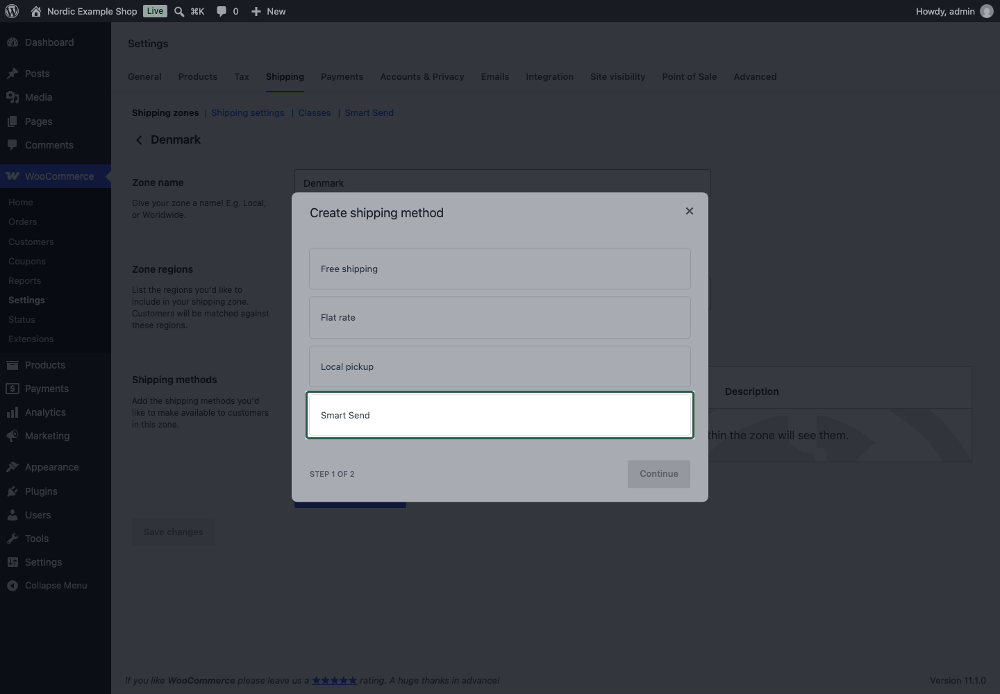 Smart Send selected in WooCommerce's shipping method picker