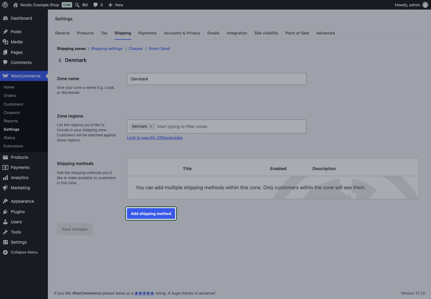 An empty WooCommerce zone ready for a shipping method