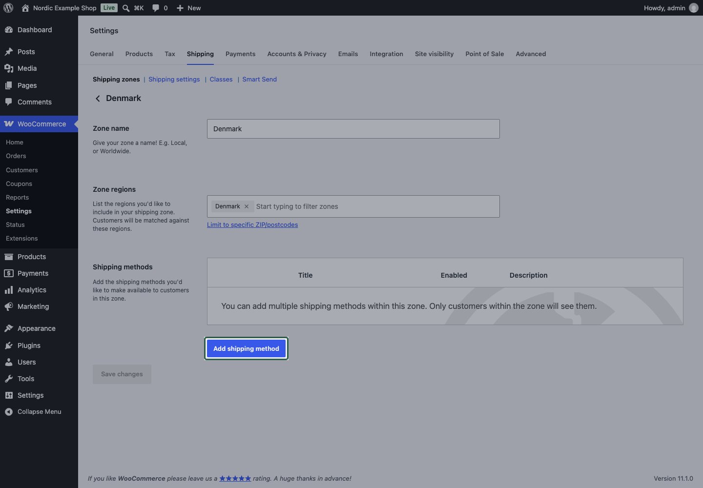 An empty WooCommerce zone ready for a shipping method