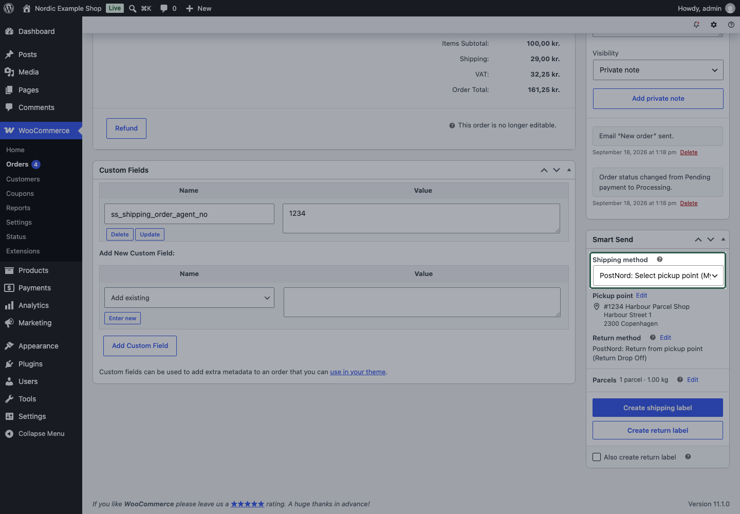 Shipping method selector opened in the Smart Send order panel