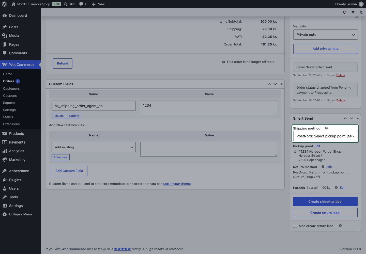 Shipping method selector opened in the Smart Send order panel