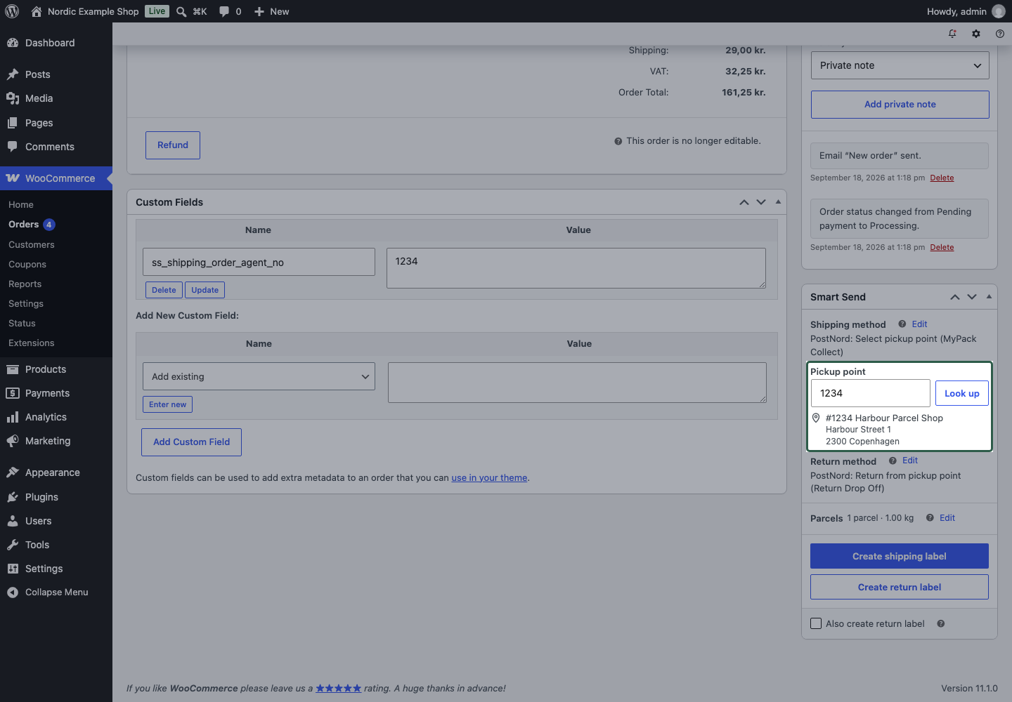 Pickup-point number field and Look up button on an order