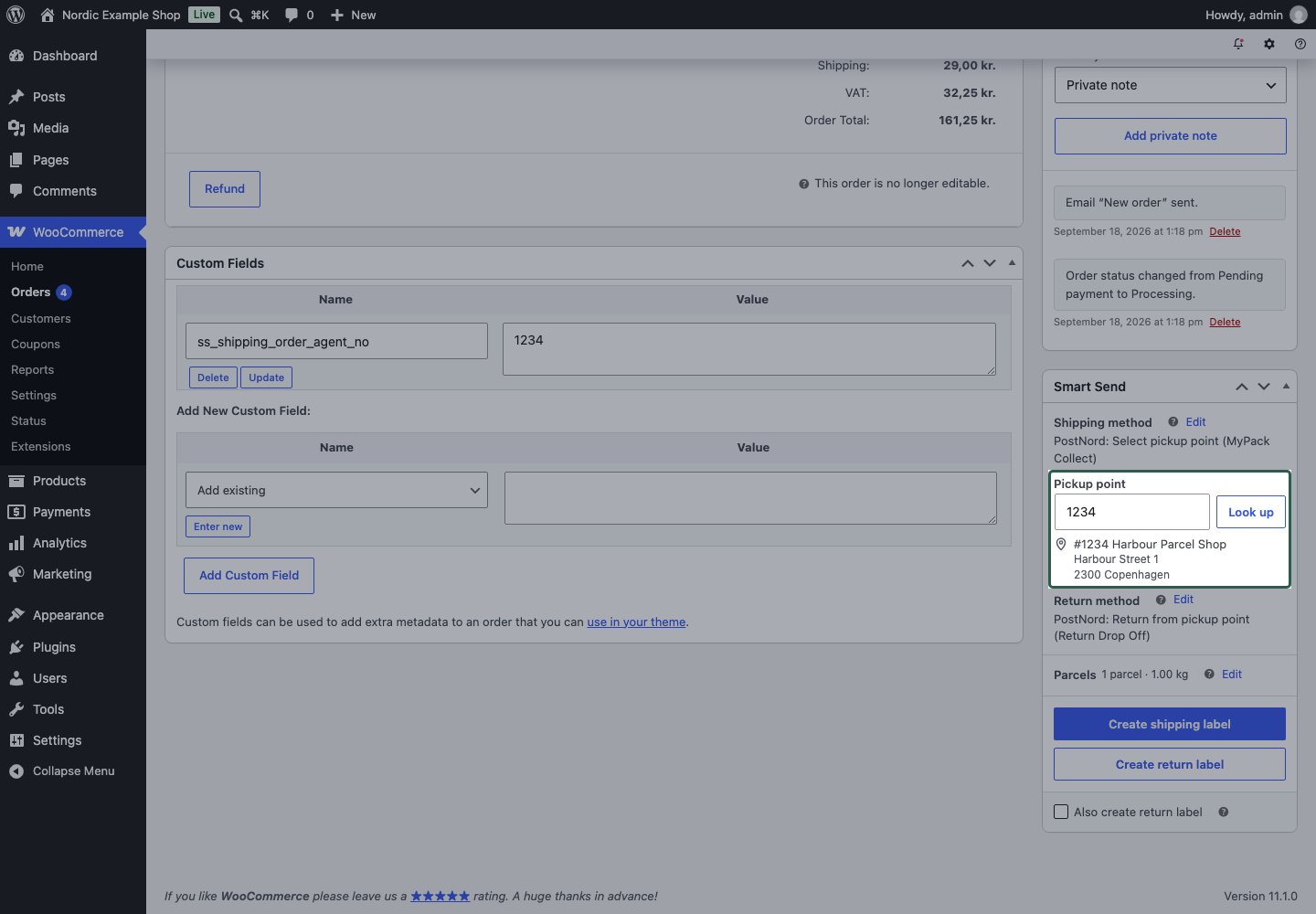 Pickup-point number field and Look up button on an order