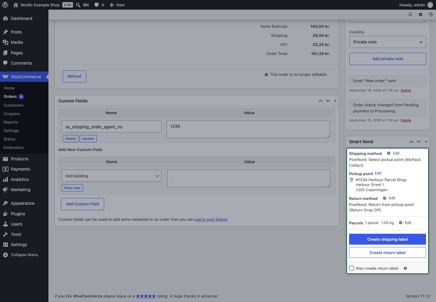 Smart Send order panel with a pickup service, selected pickup point, one parcel and the Create shipping label button