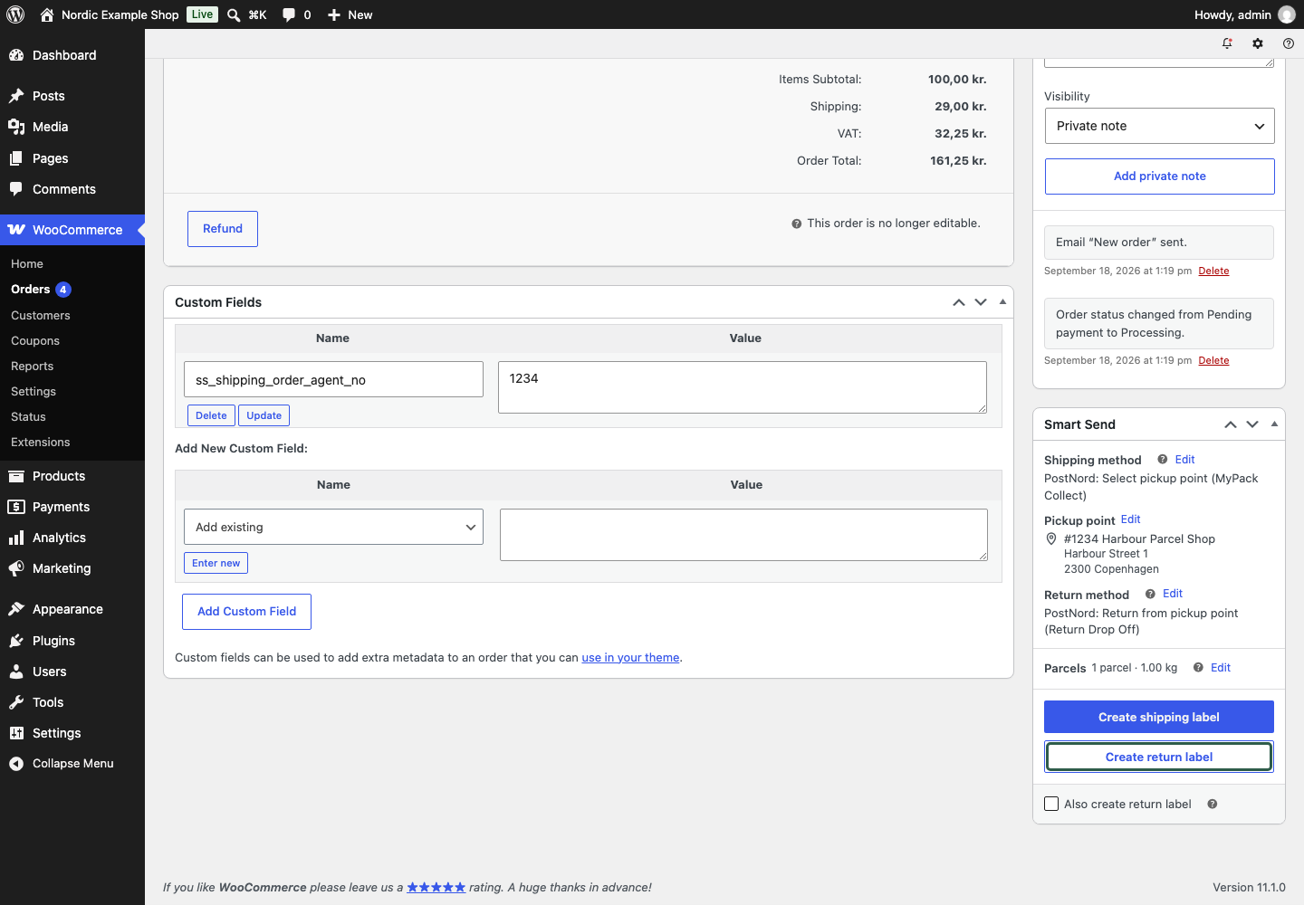 Smart Send order panel with a return service and Create return label button