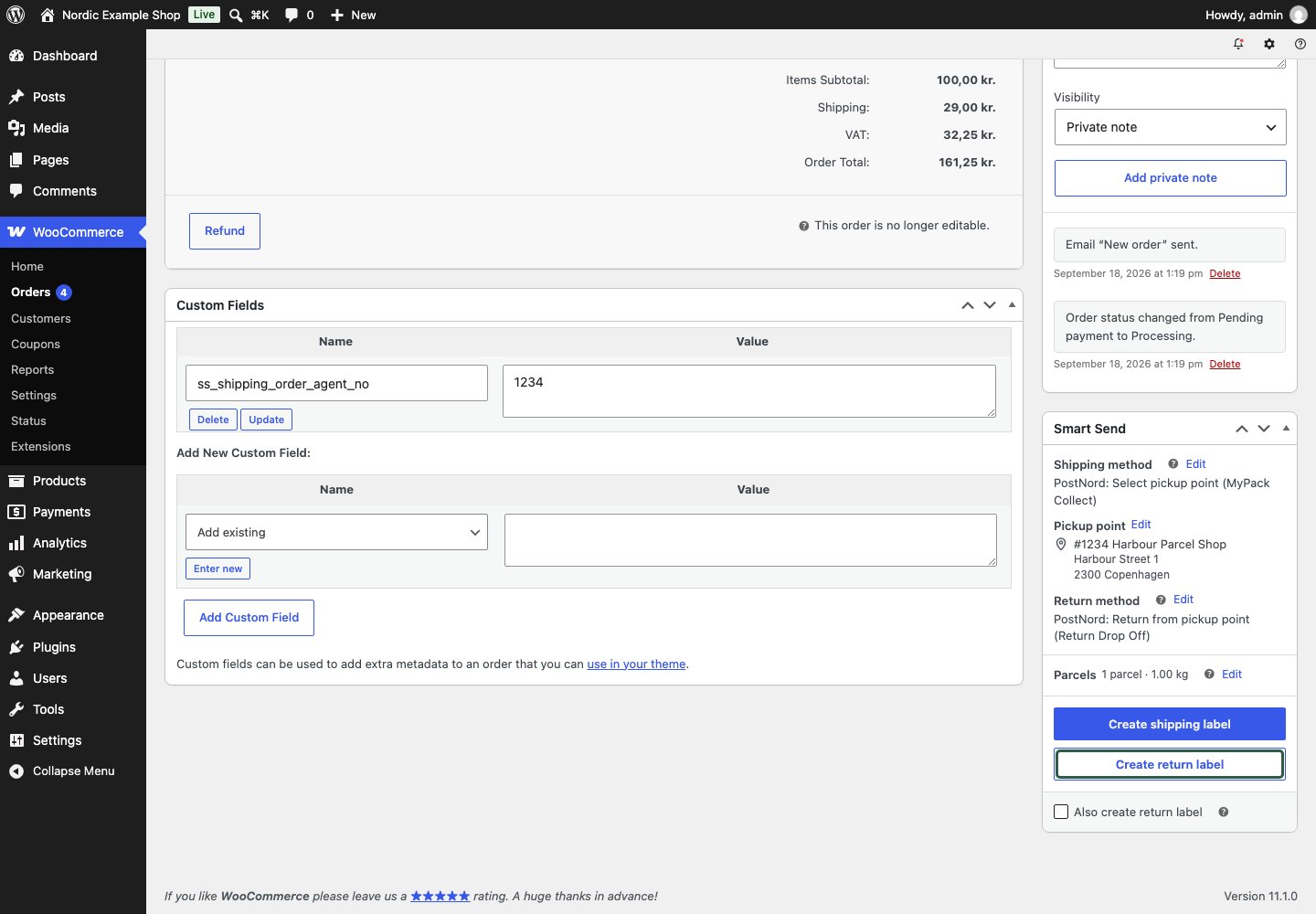 Smart Send order panel with a return service and Create return label button