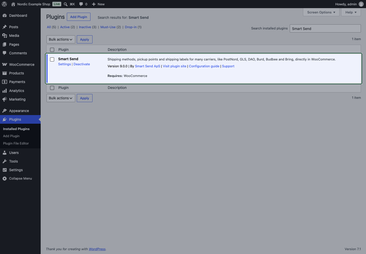 Active Smart Send plugin with Settings and Deactivate links on the WordPress Plugins page
