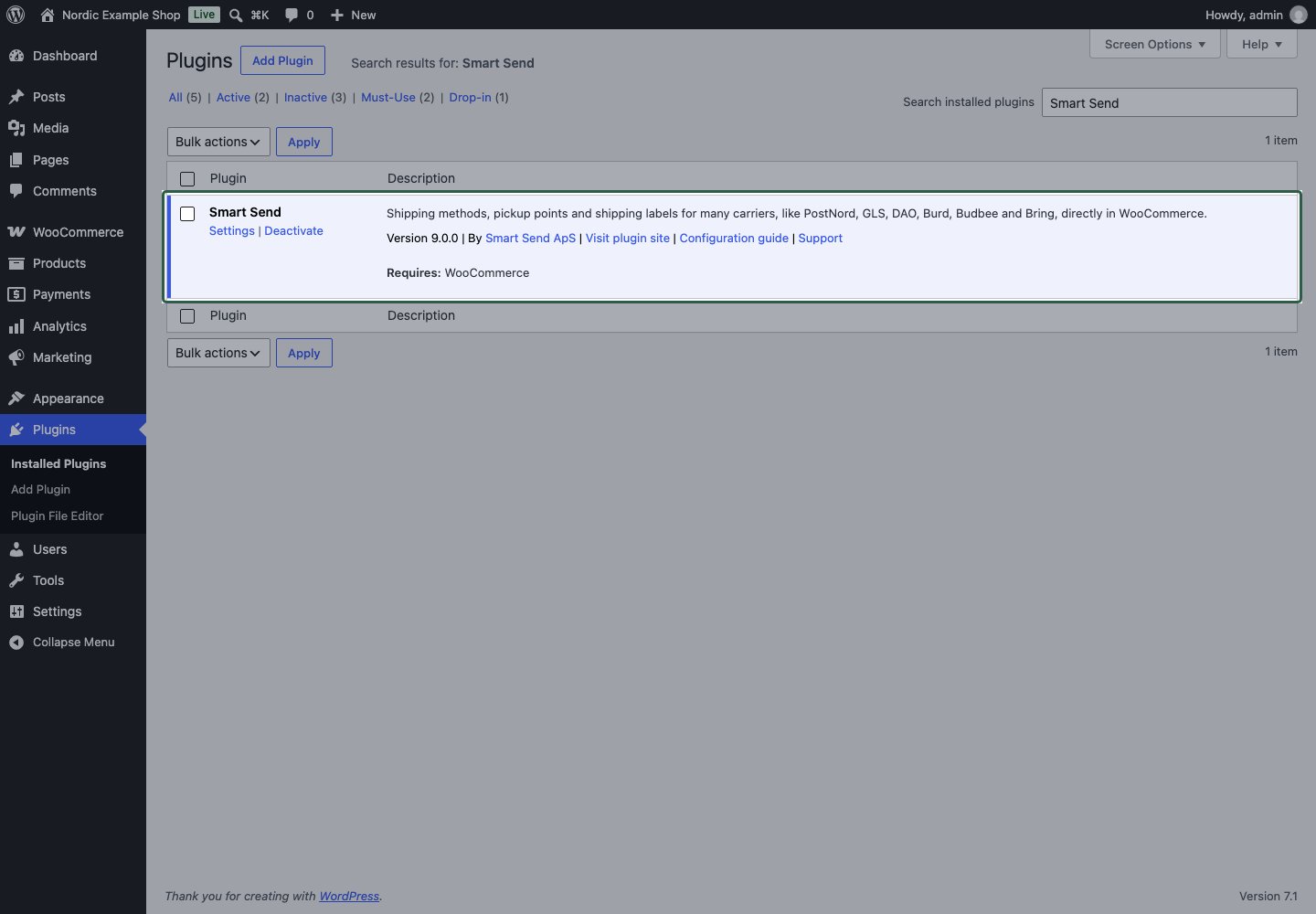 Active Smart Send plugin with Settings and Deactivate links on the WordPress Plugins page