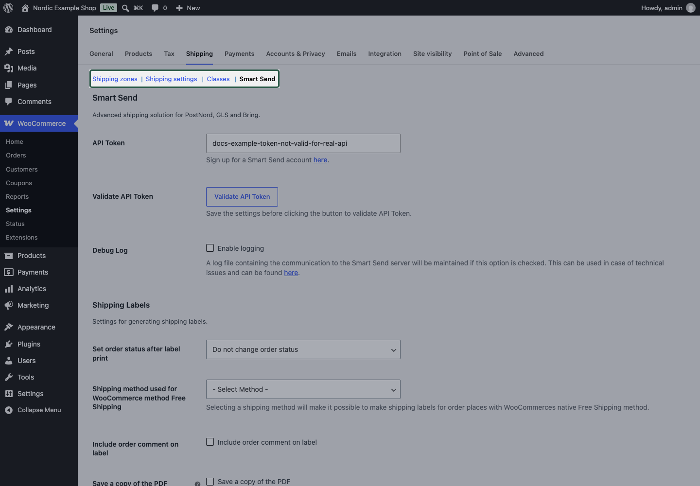WooCommerce Shipping settings with the Smart Send section selected