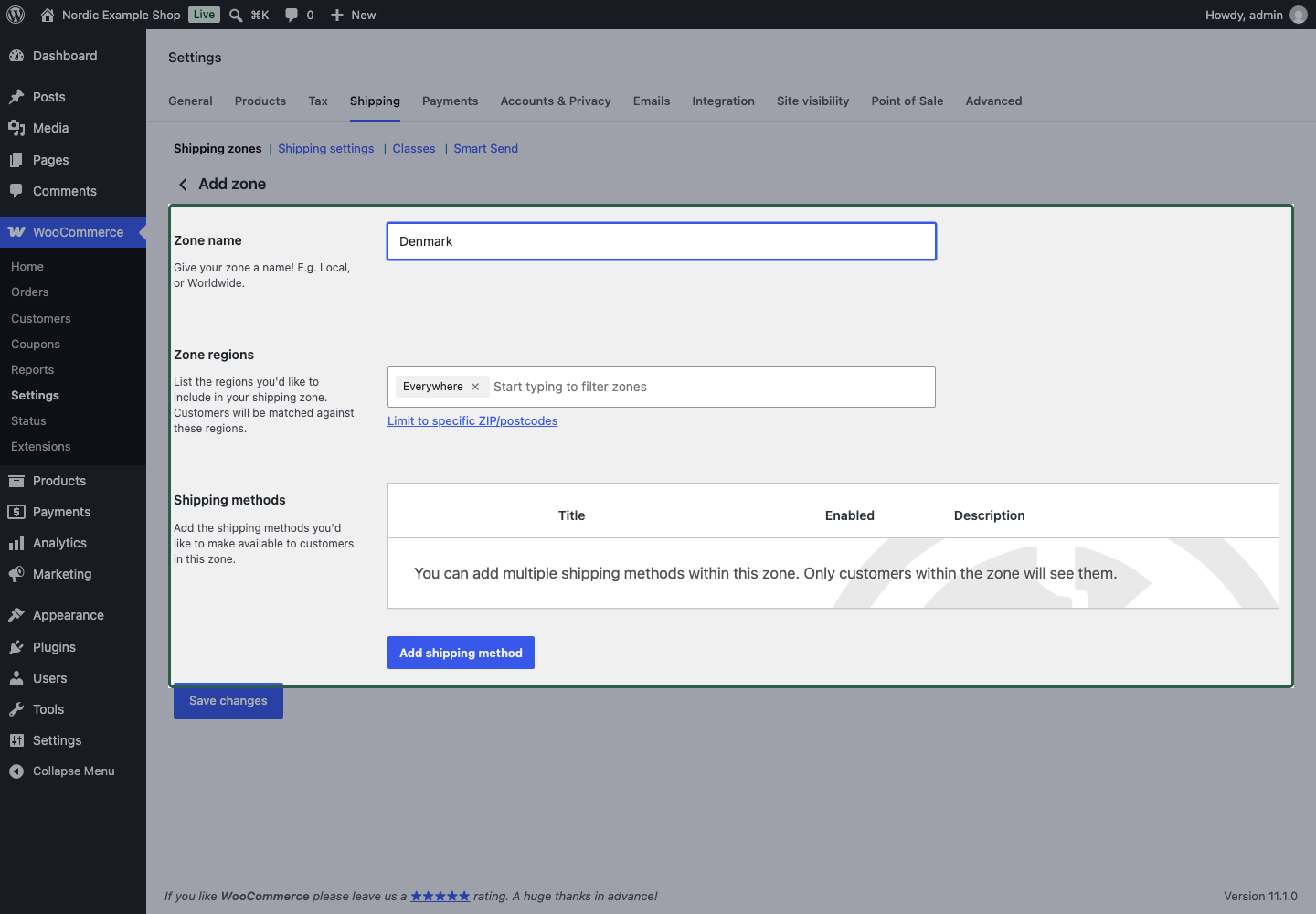 WooCommerce shipping zone editor with the zone name and region fields highlighted