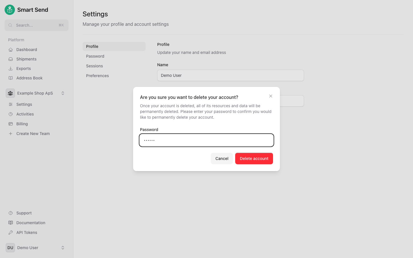 Confirmation dialog for account deletion