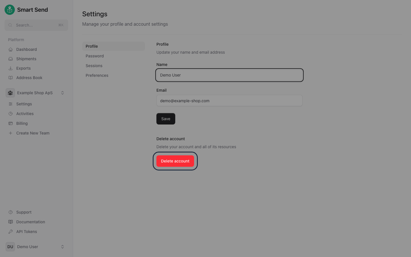 Delete Account section at the bottom of the profile page