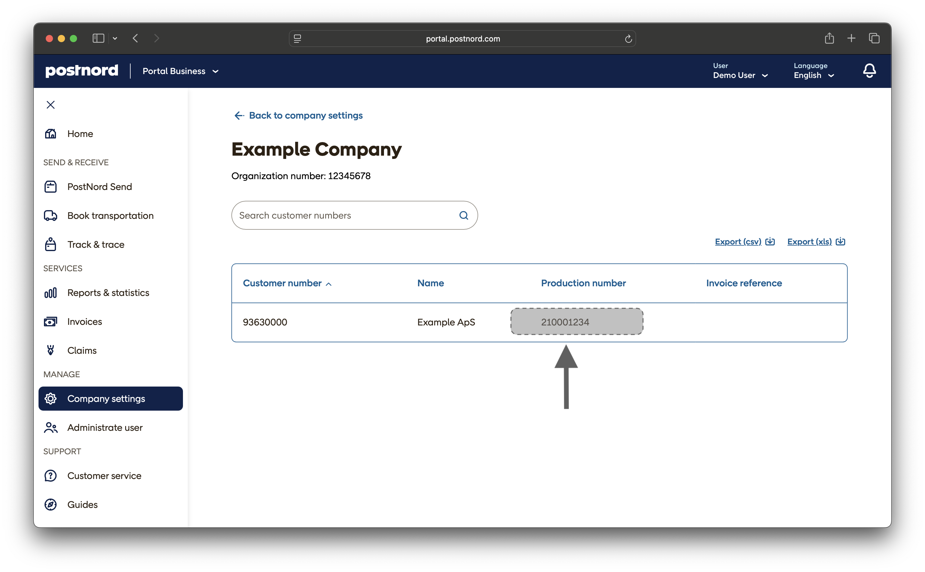 PostNord portal showing where to find the production customer number