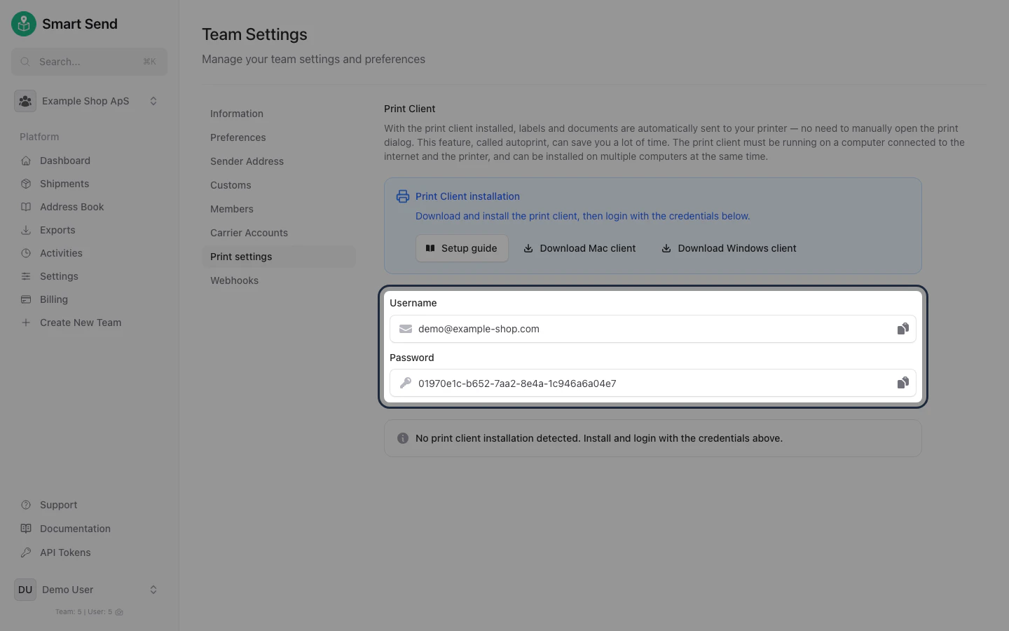 Print settings page showing the username and password credentials for the print client