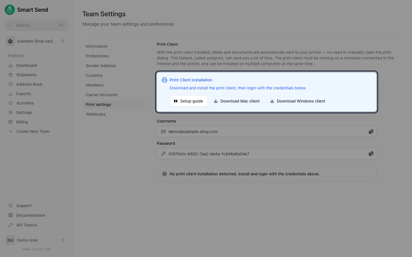 Print settings page with download links for Mac and Windows print client