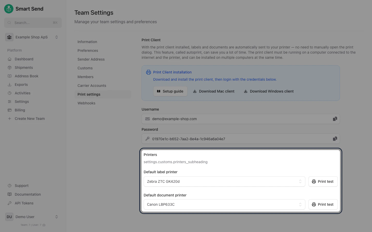 Print settings page showing configured label printer and document printer