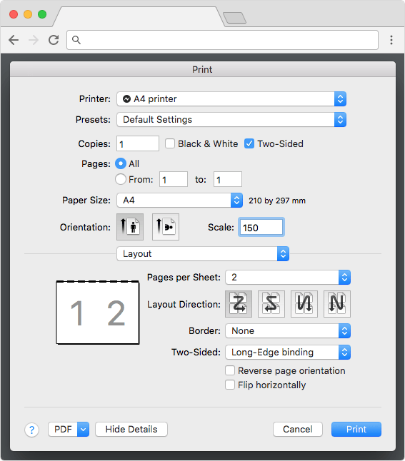 Mac A4 printing settings in Google Chrome