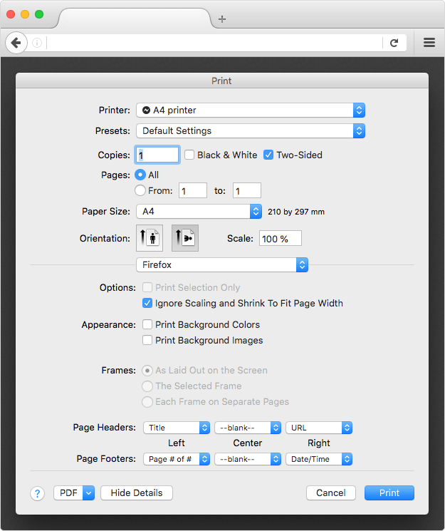 Mac A4 printing settings in Mozilla Firefox