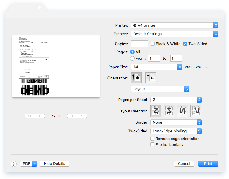 Mac A4 printing settings in Preview