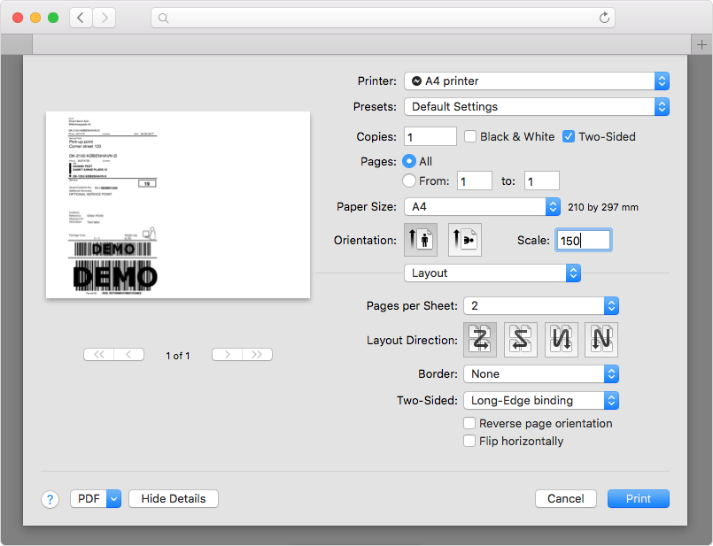 Mac A4 printing settings in Safari