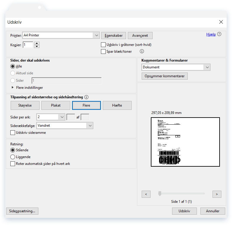 Windows A4 printing settings in Adobe Acrobat Reader