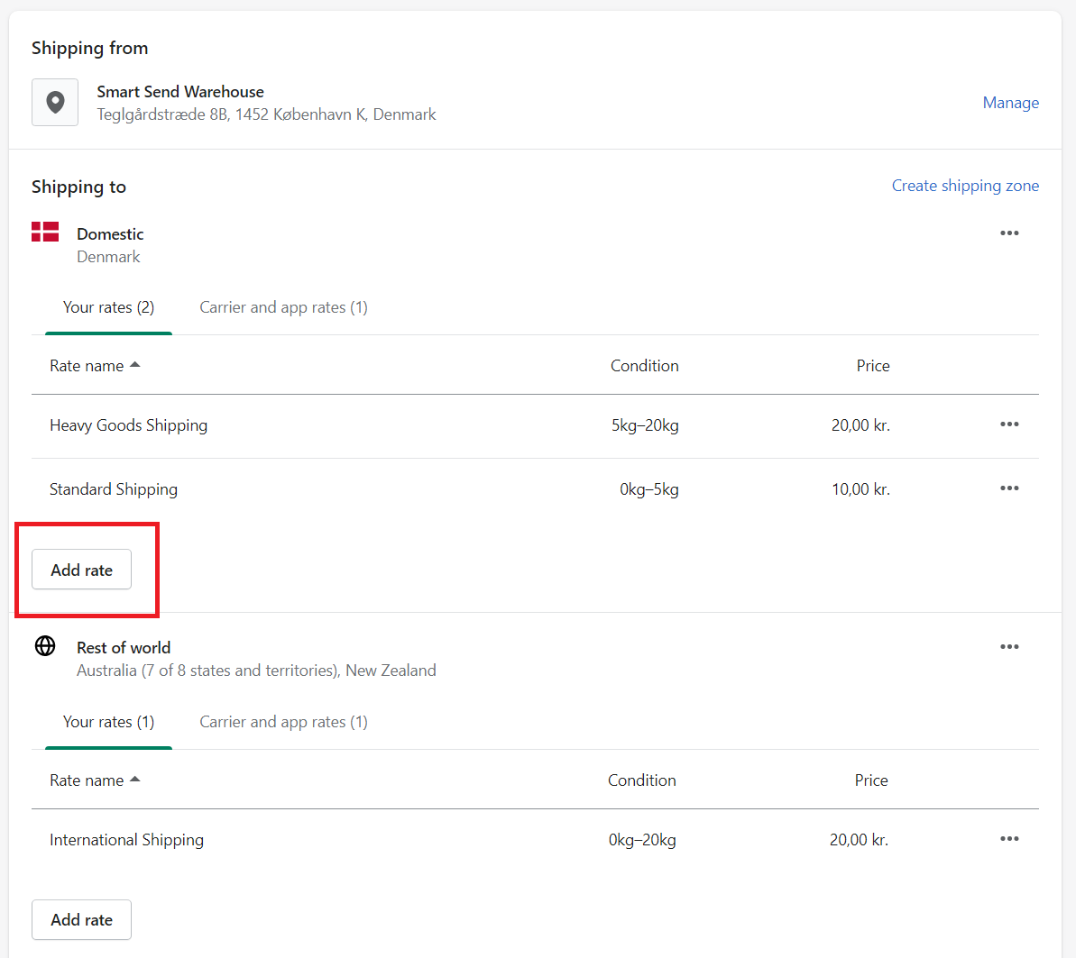Shipping rate configuration form