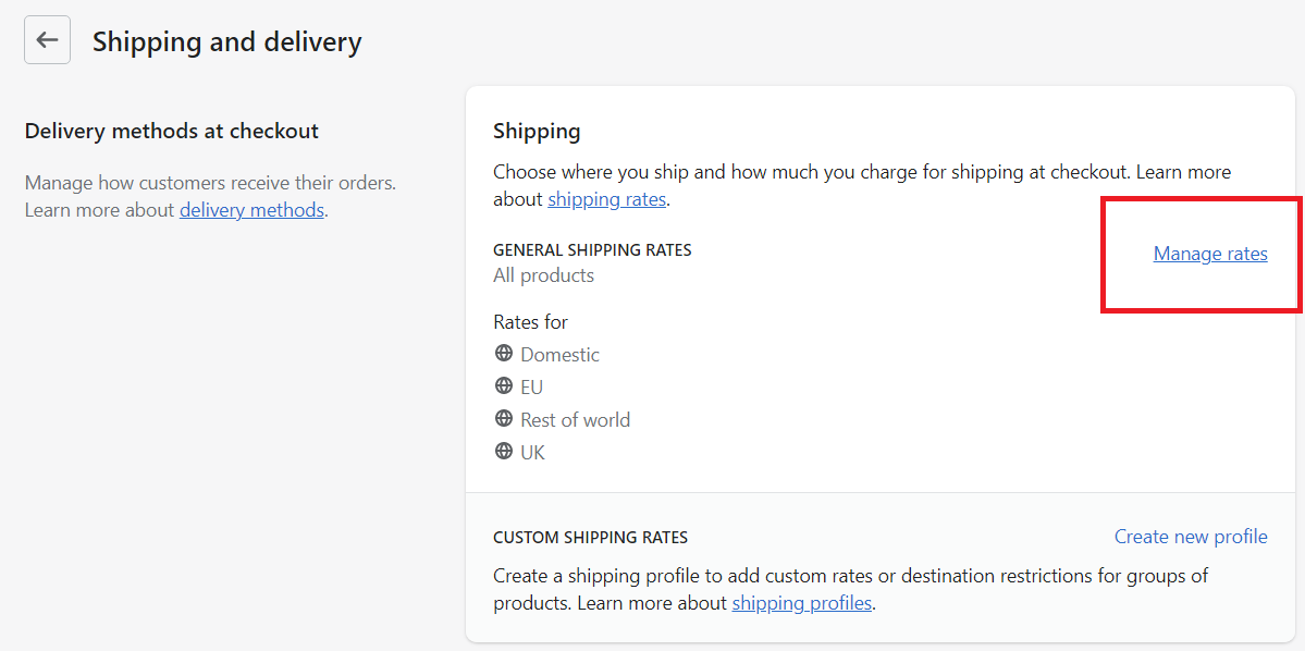 Shipping zones with manage rates option