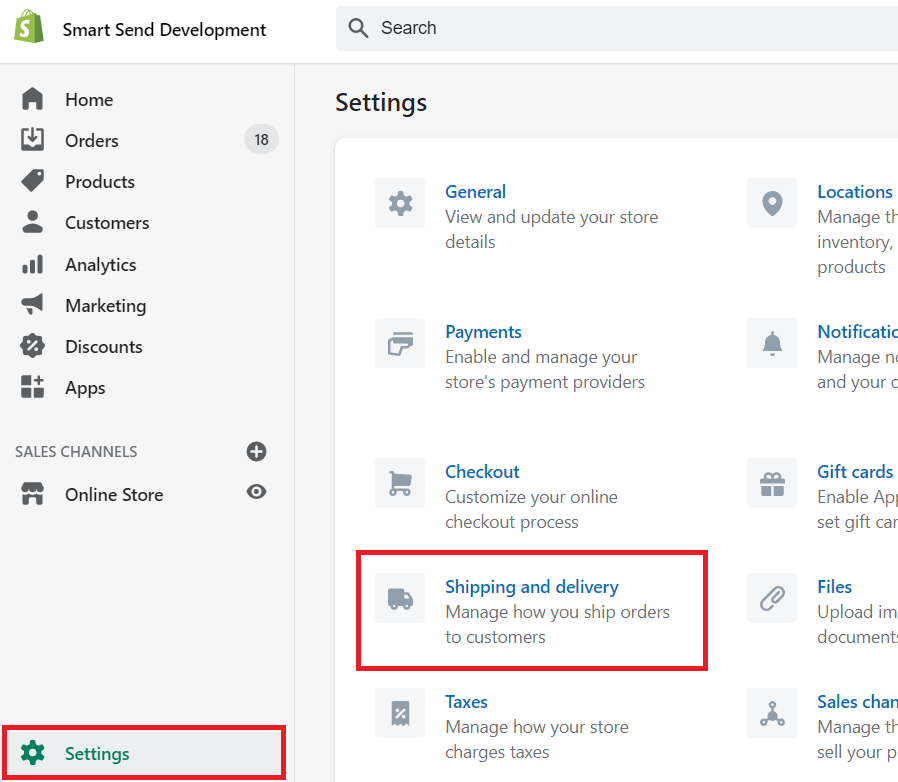 Shopify shipping settings page