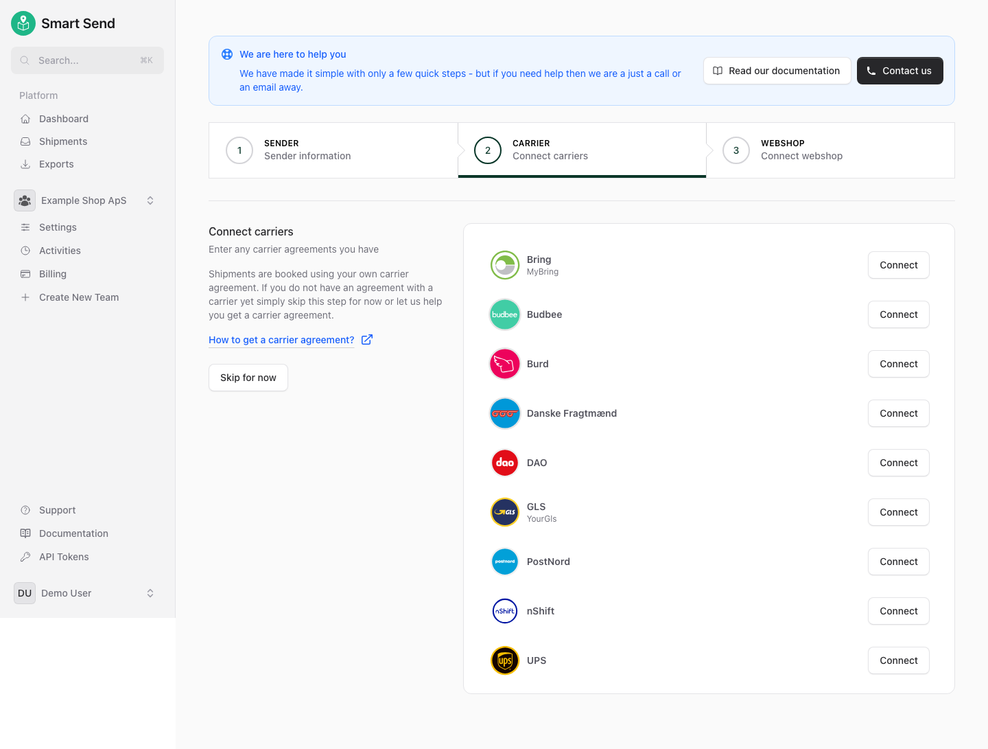 Onboarding carrier selection step