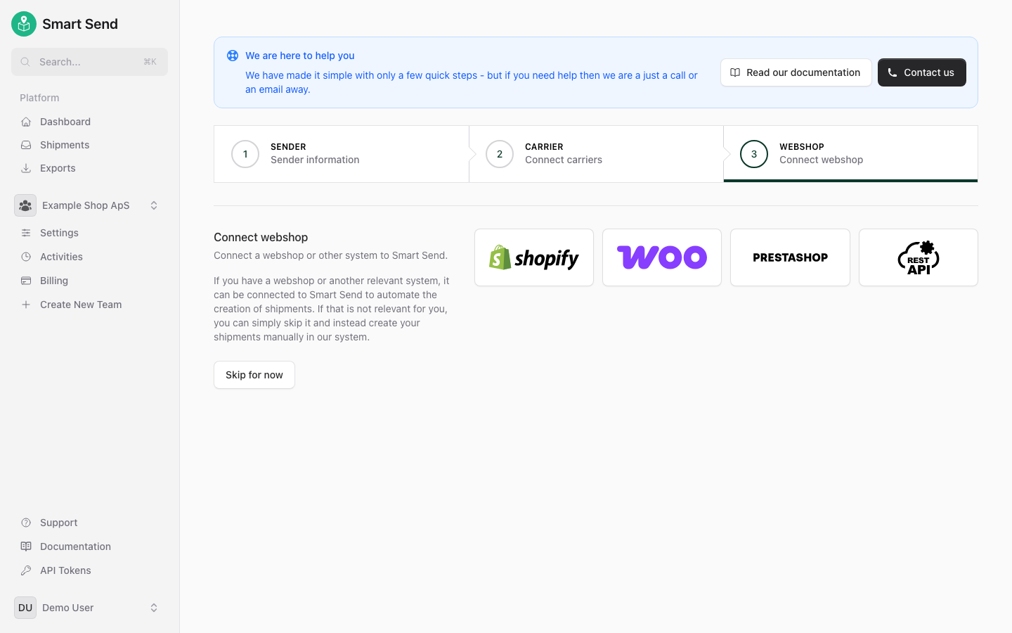 Onboarding step to connect your webshop