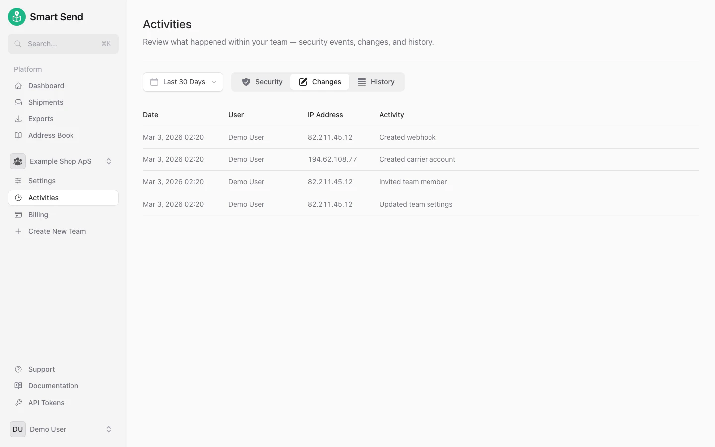 Team changes activity log showing setting modifications by all members
