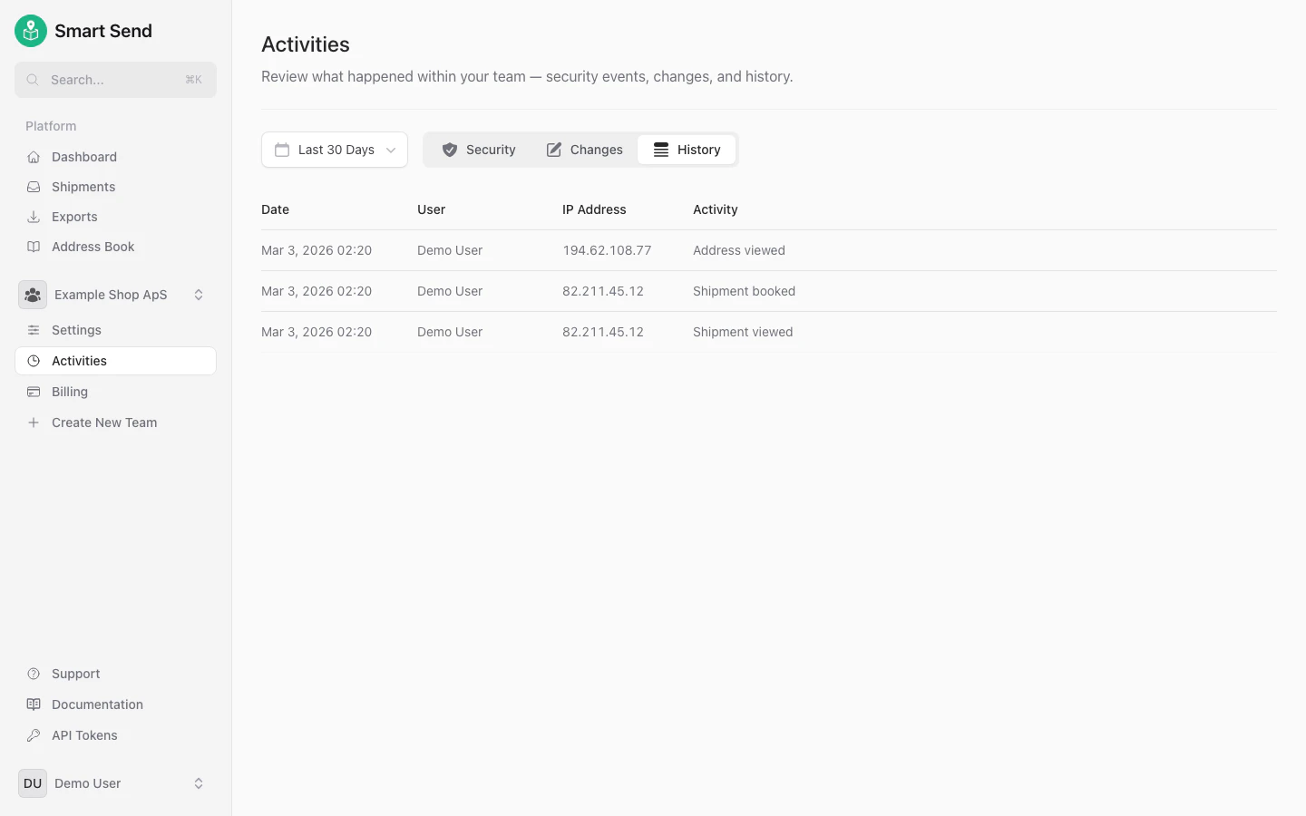 Team history activity log showing all operational activities