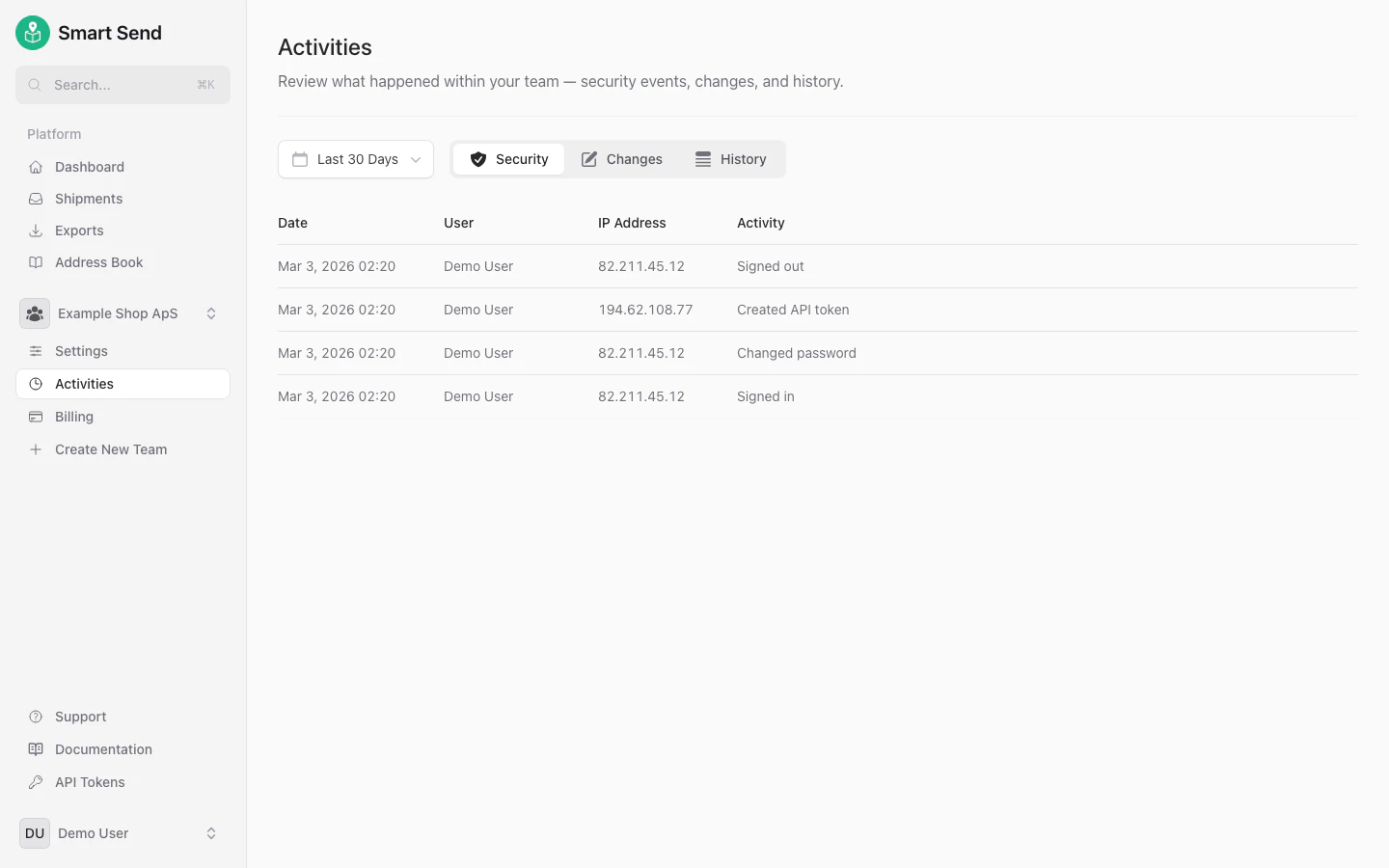 Team security activity log showing login attempts across all members