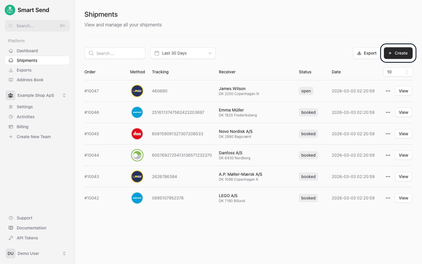 Shipments page with Create button highlighted