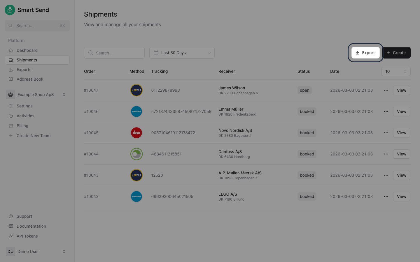 Shipment list with Export button highlighted