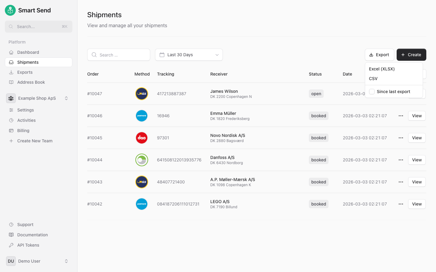 Export options showing format selection and date range