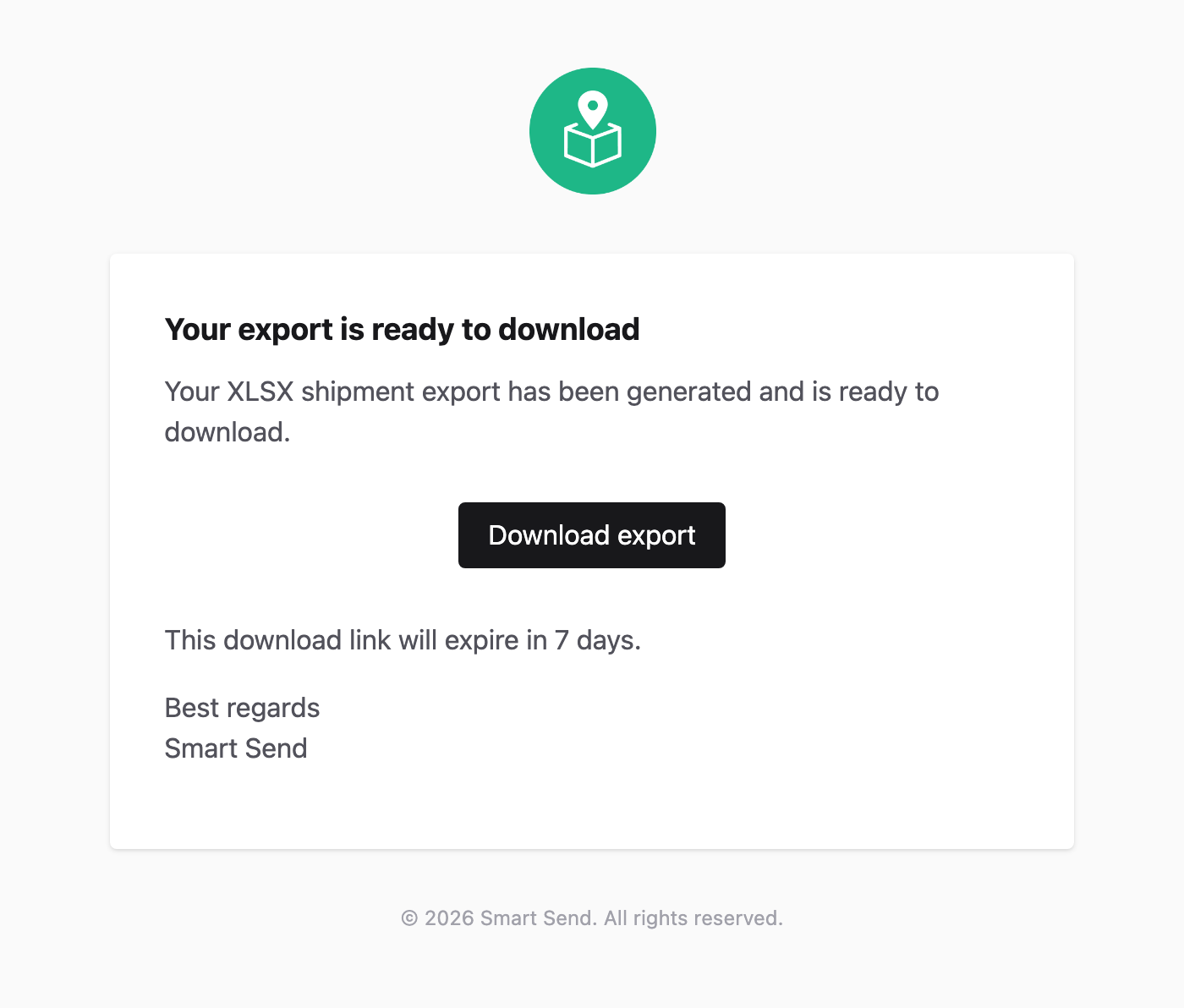 Email notification with download link for the exported shipment data