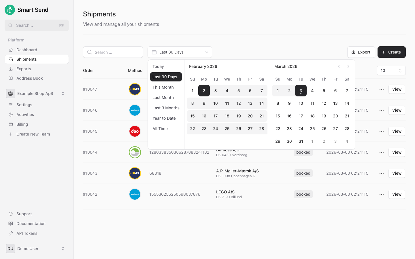 Date filter showing date range selection for shipments