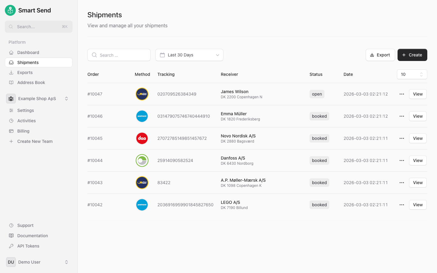 Shipment history list showing booked shipments