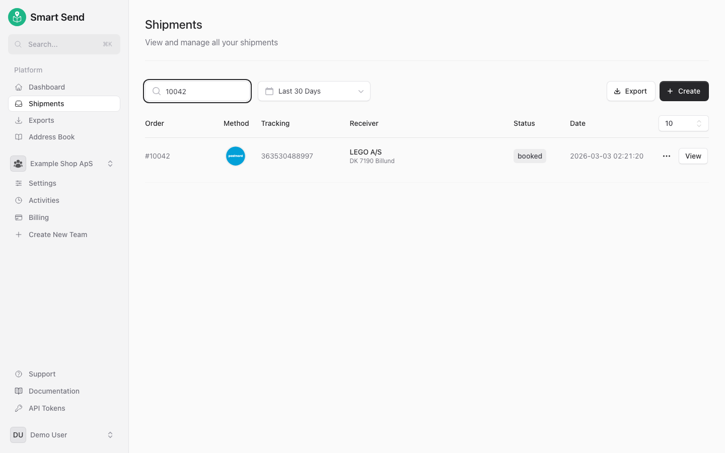 Shipment search bar with search results