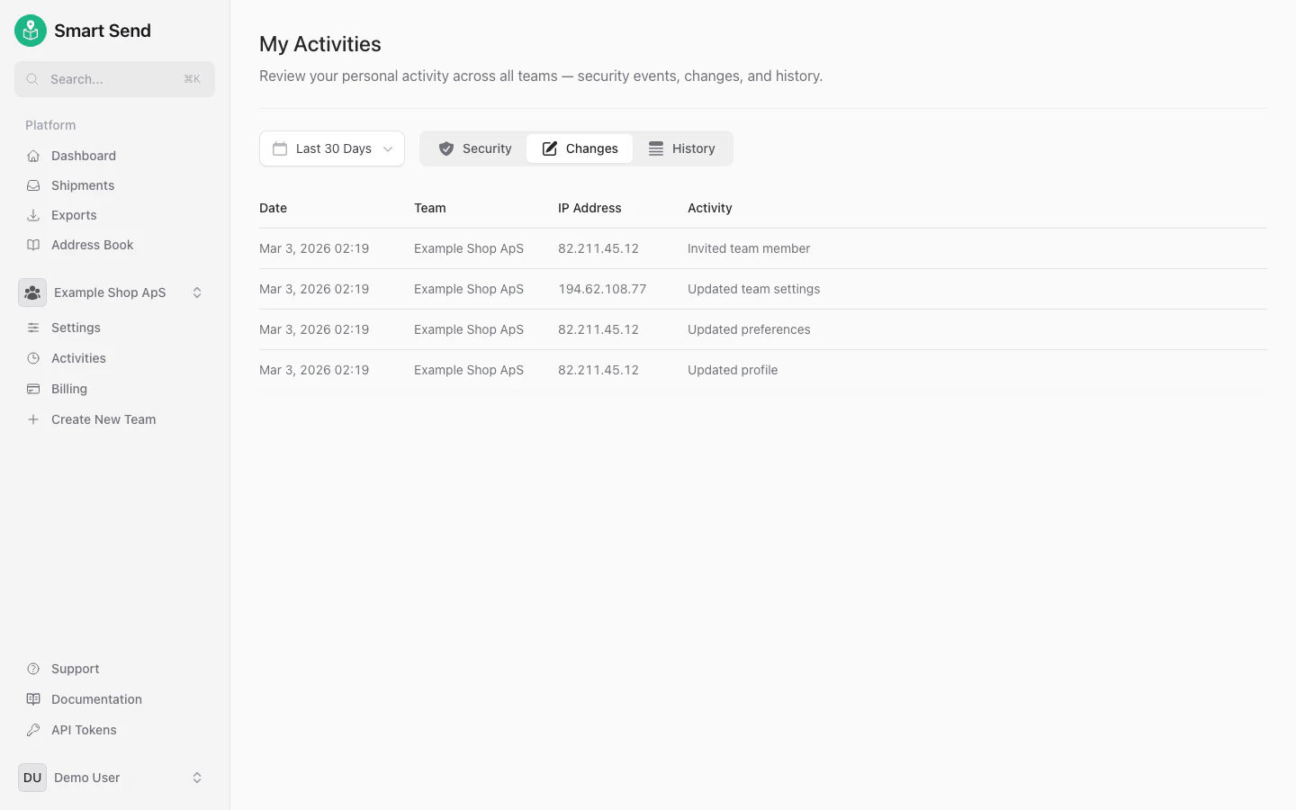 Changes activity log showing setting modifications