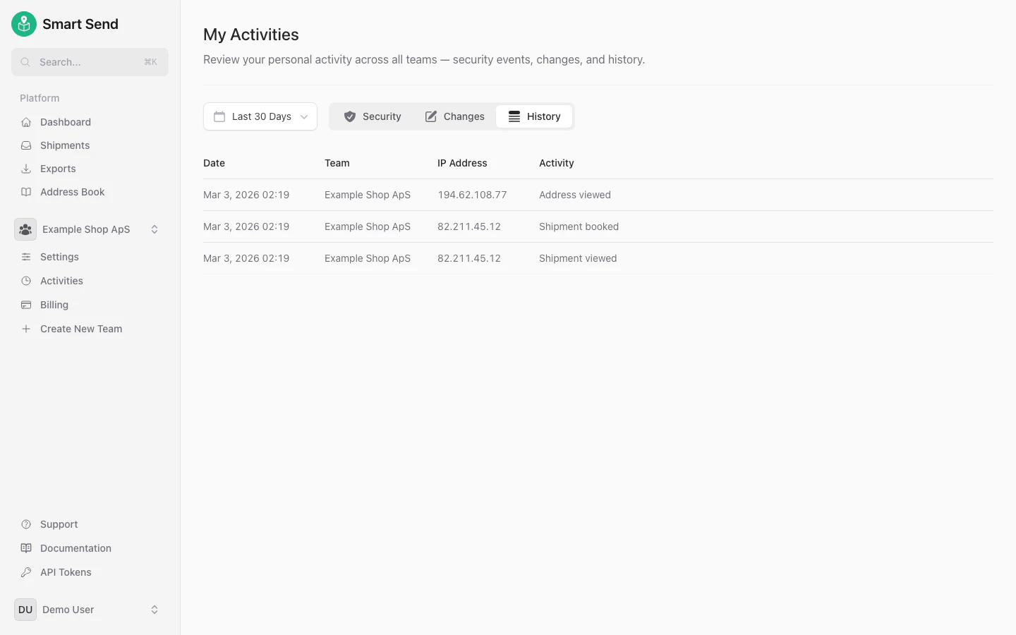 History activity log showing shipment bookings and label creation